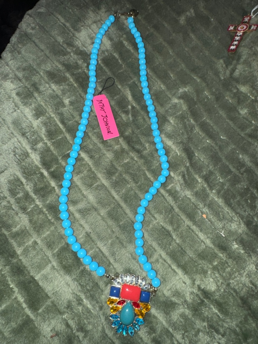 Boho Glam Betsey Johnson Cyan Beaded Necklace with Jeweled Pendant